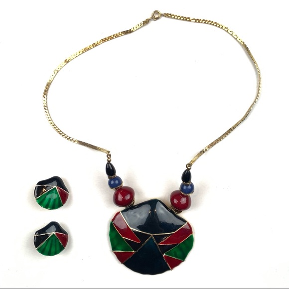 Jewelry - Shell Necklace & Earrings Set Black Green Red Gold